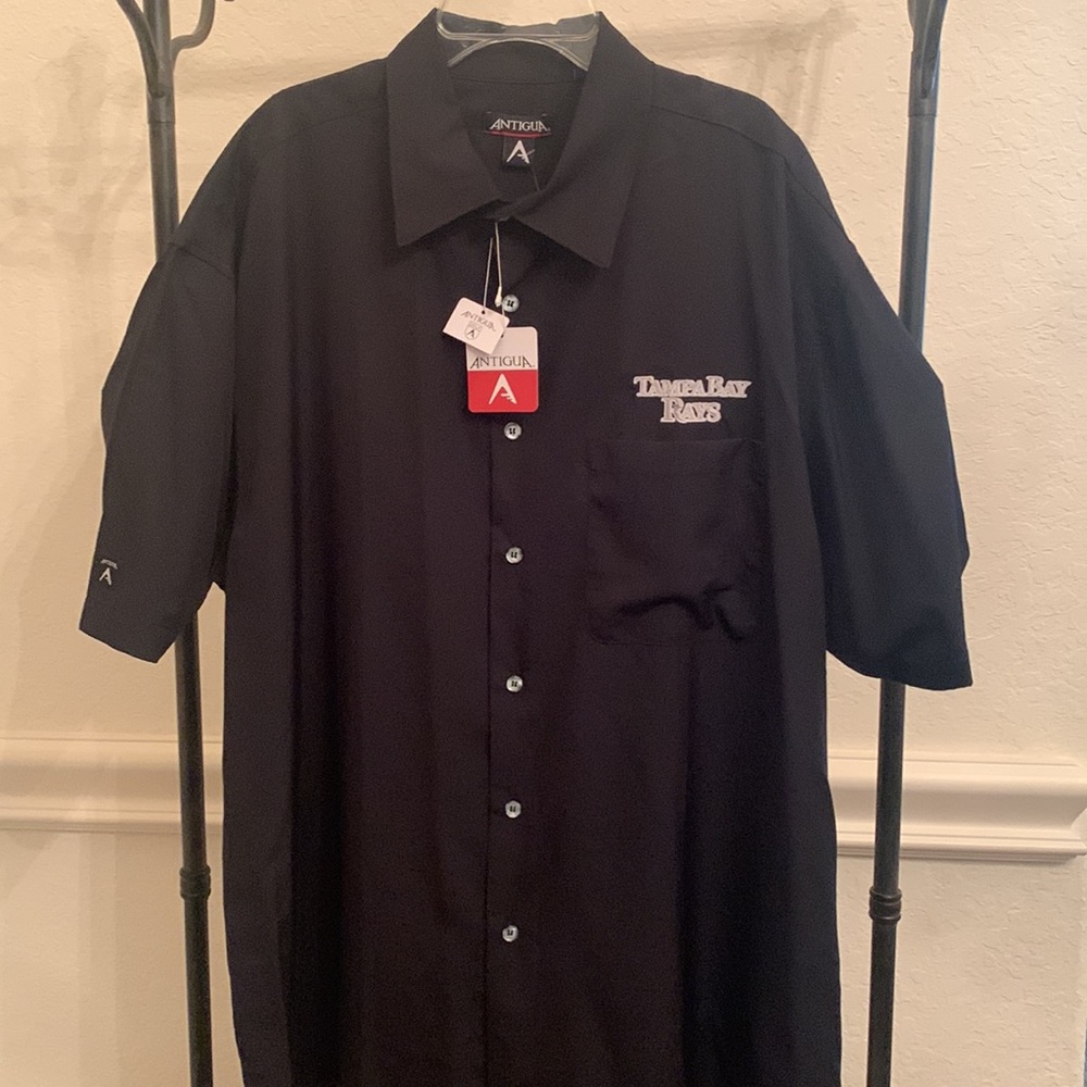 NWT Mens Black Antigua Tampa Bay Rays short sleeve Button Down Shirt Size XL